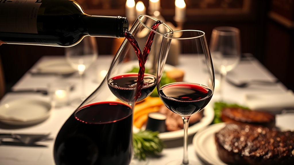 탄닌이 강한 와인을 디켄팅하여 육류 요리와 함께 즐기는 모습