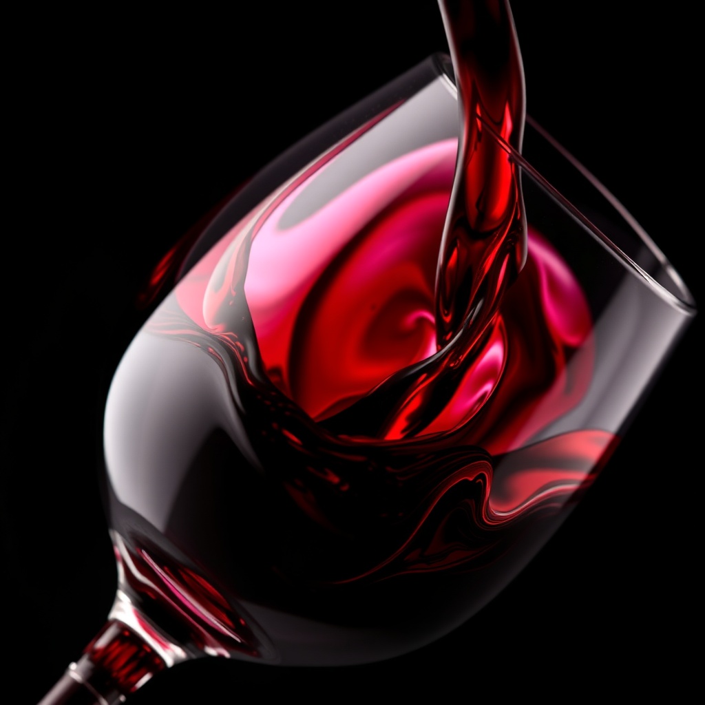 와인 잔 속에서 소용돌이치며 벽면에 눈물을 남기는 레드 와인의 질감 표현