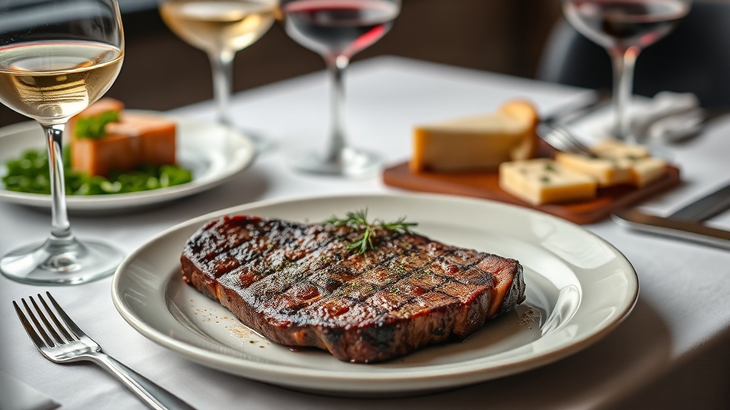 스테이크와 치즈 플래터가 차려진 식탁 위에서 와인을 페어링하는 모습