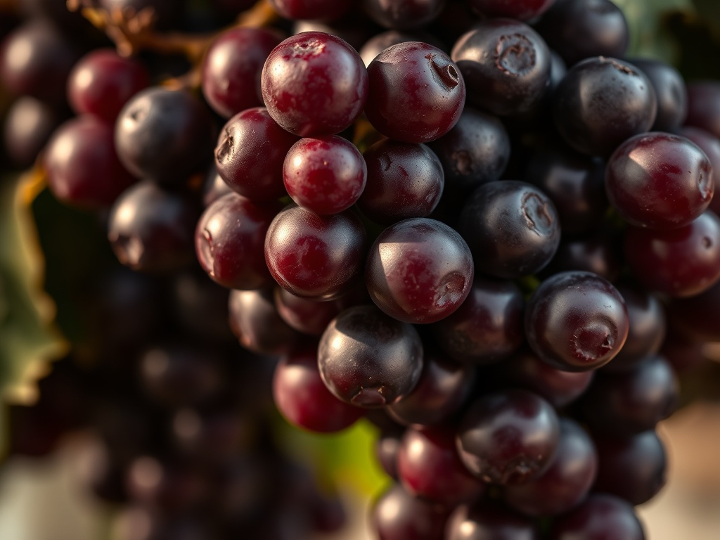 포도 껍질과 씨앗에서 추출되는 탄닌의 기원을 상징하는 짙은 색상의 레드 와인 포도 송이